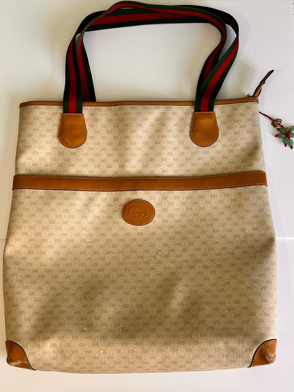 Gucci Beige Canvas Tote with Red and Green Web Straps